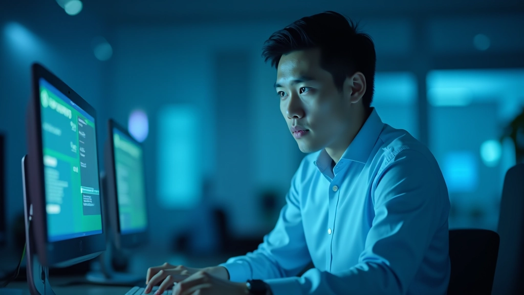 Businessman looking at multiple screens with charts and notifications, overwhelmed by information overload and constant connectivity