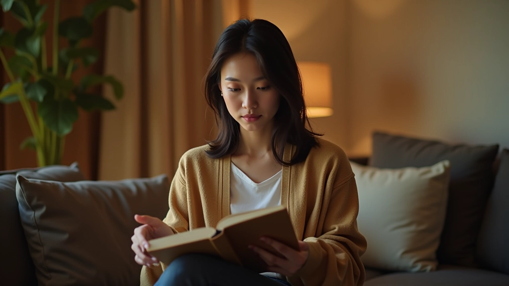 Person in comfortable home setting during evening, showing productive non-work activity like reading or hobbies, relaxed atmosphere