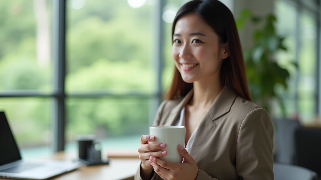 Professional woman at desk taking a mindful break with coffee, warm natural lighting